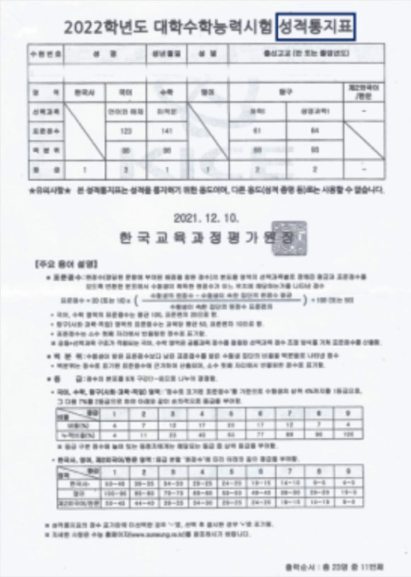 제출 불가능 — 성적통지표 예시
